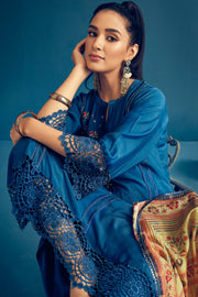 Blue Color Pure Muga Silk Borer Embroidered Unstitched Salwar Suit Set